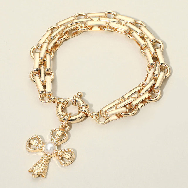 Madeline Love Cream, Gold Pearl Accent Cross Charm Chunky Link Chain Bracelet