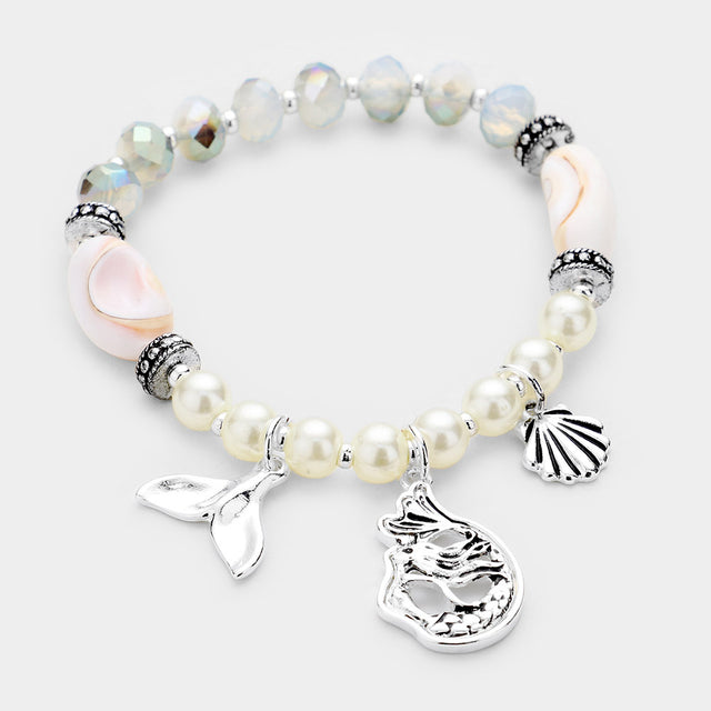 Antique Silver, Cream Mermaid and Shell Charm Pearl Bead Stretch Bracelet