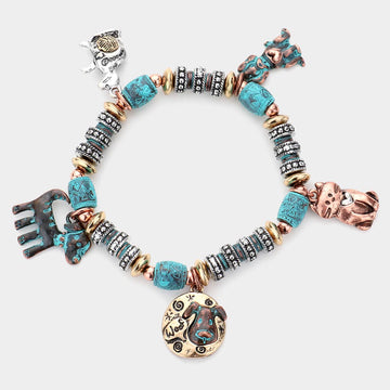 Madeline Love Patina Verdigris Metal Cat Dog Charm Station Stretch Bracelet - Bracelets