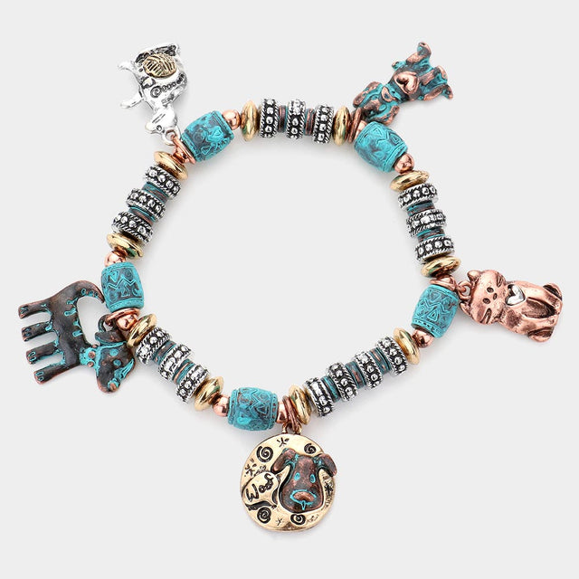 Madeline Love Patina Verdigris Metal Cat Dog Charm Station Stretch Bracelet - Bracelets