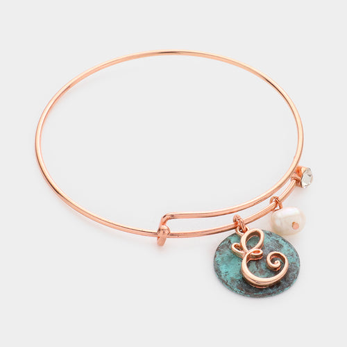 -E- Initial Monogram Pearl Charm Bracelet - ~E~, Patina Verdigris