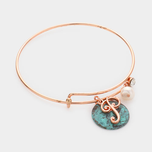 -P- Initial Monogram Pearl Charm Bracelet - ~P~, Patina Verdigris