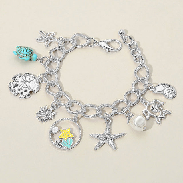 Madeline Love Rhodium Starfish Sea Turtle Sea Shell Pearl Charm Station Bracelet - Bracelets