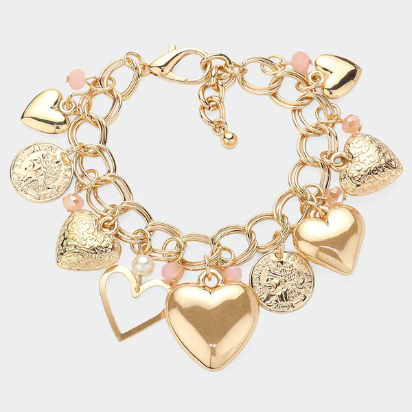 Metal Heart Coin Pearl Charm Bracelet