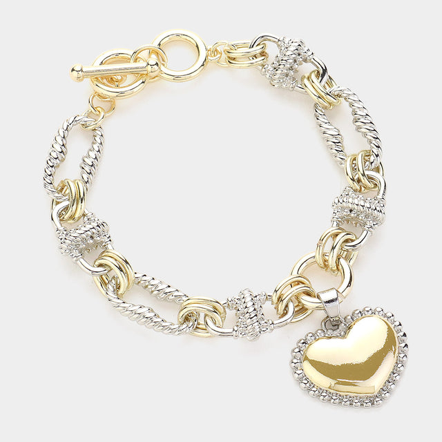 Madeline Love Two Tone 14K Gold Plated Heart Charm Texture Metal Link Toggle Bracelet