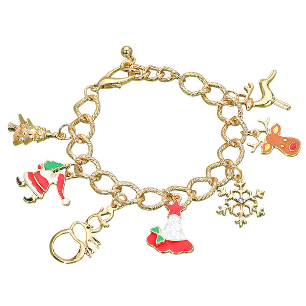 Gold Multi, Christmas Tree Santa Claus Rudolph Snowflake Charm Bracelet
