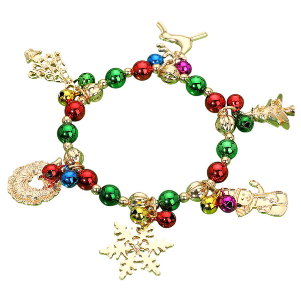 Gold Multi Christmas Bell Tree Rudolph Snowflake Snowman Charm Stretch Bracelet