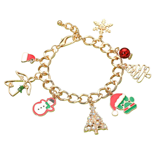 Gold Multi Christmas Tree Santa Claus Snowflake Snowman Snow Angel Charm Bracelet