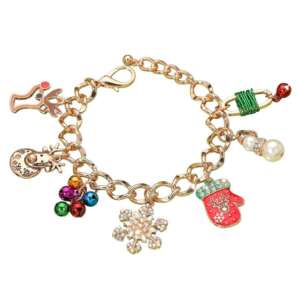 Gold Multi Pearl Snowman Snowflake Christmas Mitten Rudolph Charm Bracelet