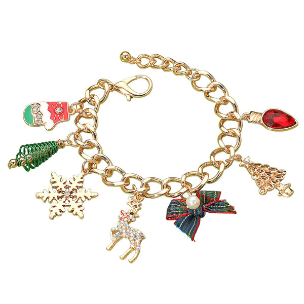 Gold Multi Christmas Tree Snowflake Pearl Bow Light Bulb Mitten Charm Bracelet