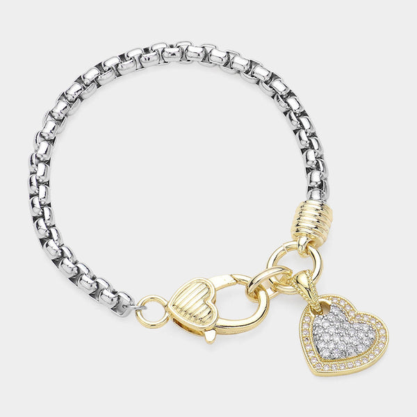 Two Tone 14K Gold Plated CZ Stone Paved Heart Charm Bracelet