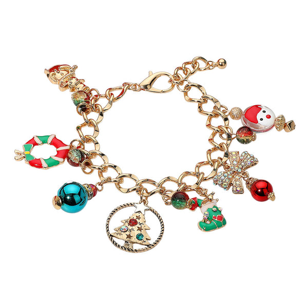 Gold Multi Christmas Tree Santa Stocking Bow Festive Holiday Themed Charm Bracelet
