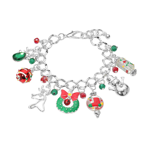 Multi Silver Christmas Wreath Snowman Reindeer Festive Holiday Themed Charm Bracelet
