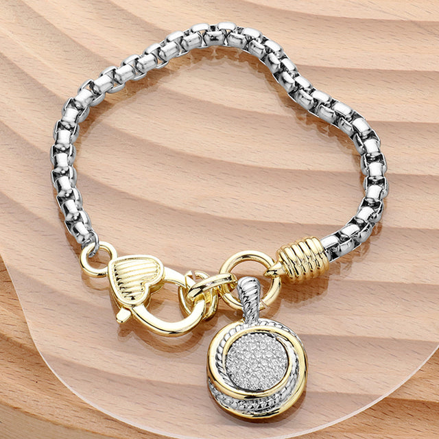 Madeline Love Two Tone 14K Gold Plated Two Tone CZ Stone Paved Round Pendant Bracelet - Bracelets