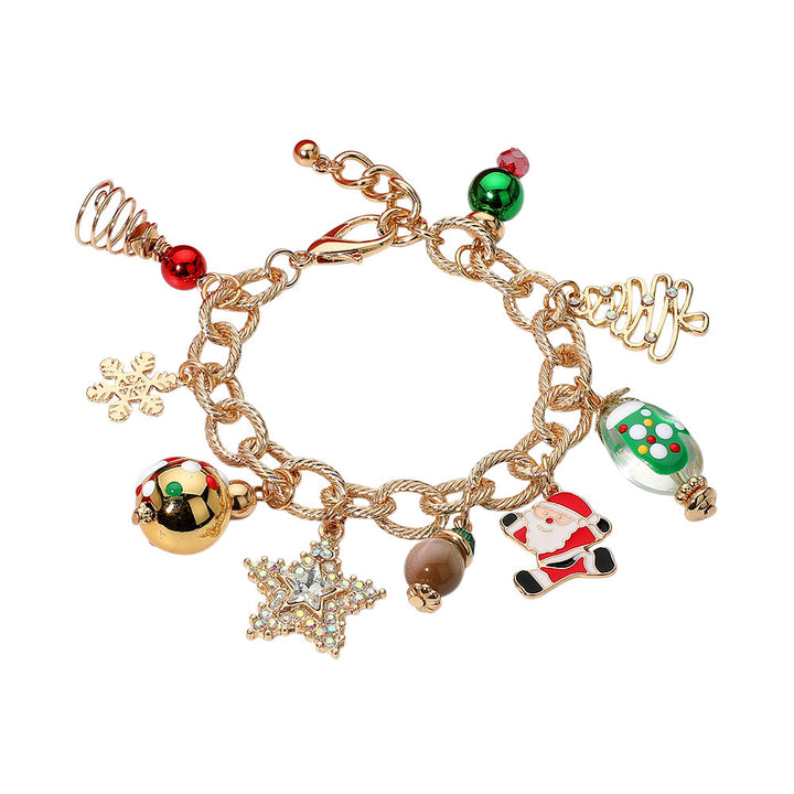 Gold Multi Christmas Tree Santa Star Snowflake Festive Holiday Themed Charm Bracelet