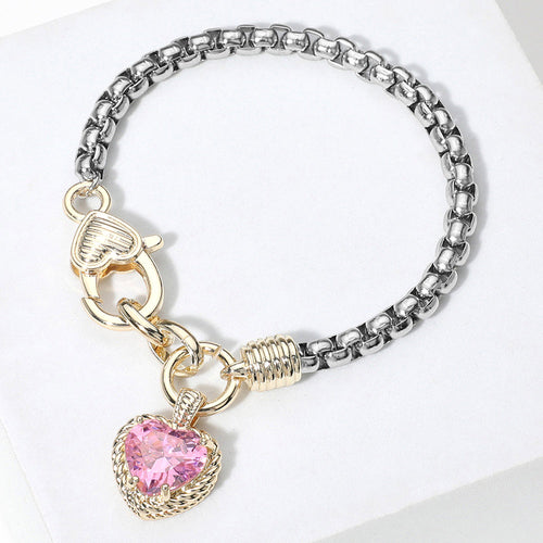 Two Tone CZ Stone Heart Charm Bracelet - Rose