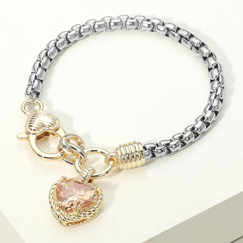 Two Tone CZ Stone Heart Charm Bracelet - Champagne