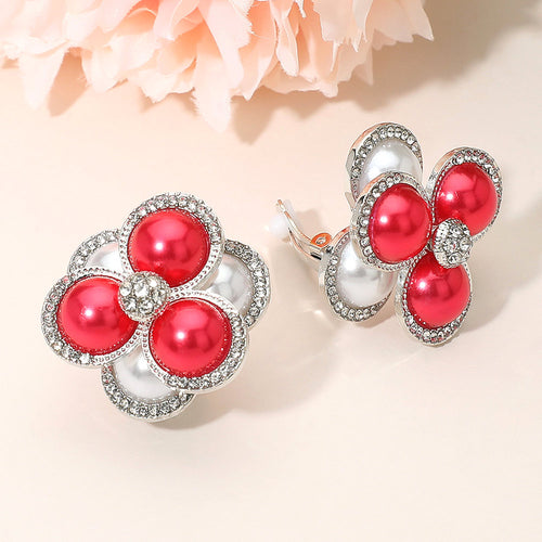 Pearl Cluster Flower Evening Clip On Earrings - Red, White