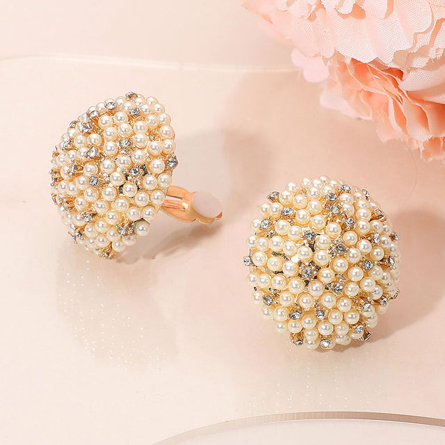 Madeline Love Cream, Gold Beaded Pearl Rhinestone Embellished Dome Clip On Earrings