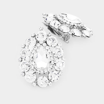 Madeline Love Clear, Rhodium Crystal Round Trimmed Teardrop Clip On Evening Earrings