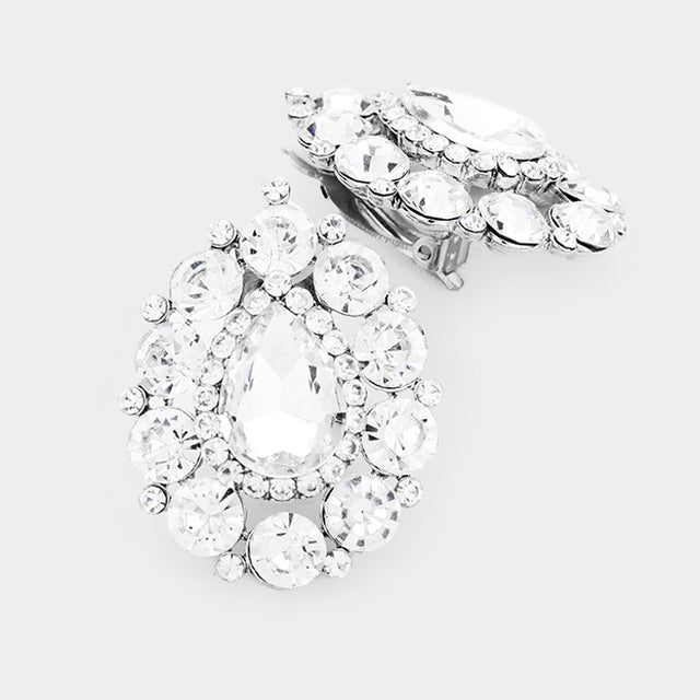Madeline Love Clear, Rhodium Crystal Round Trimmed Teardrop Clip On Evening Earrings