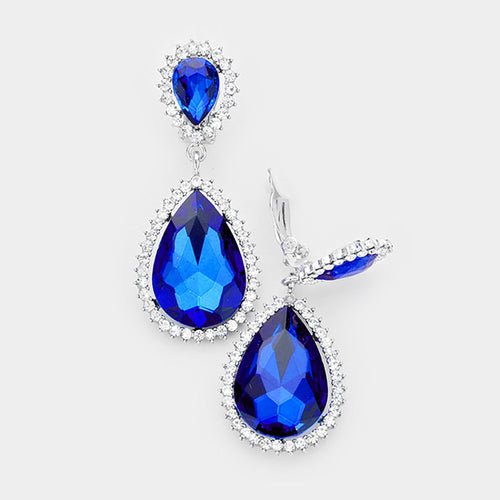 Crystal Pave Trim Teardrop clip on Earrings - Rhodium, Royal Blue