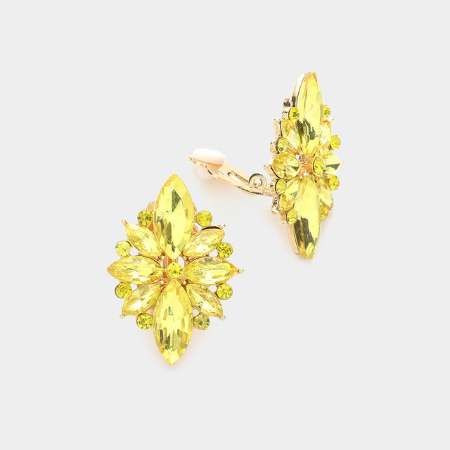 Yellow Marquise Round Stone Cluster Clip on Evening Earrings