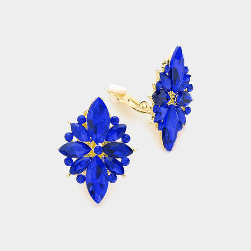 Marquise Round Stone Cluster Clip on Evening Earrings - Sapphire