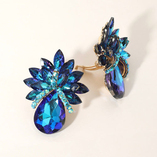 Teardrop Stone Accented Clip on Evening Earrings - AB, Blue