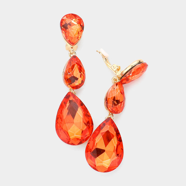 Madeline Love Orange Teardrop Glass Crystal Drop Evening Clip On Earrings