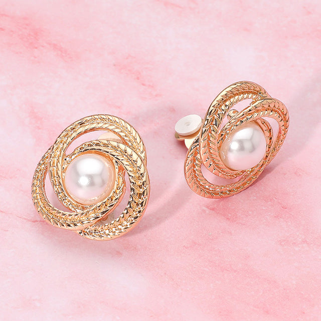 Madeline Love Cream, Gold Pearl Center Textured Metal Knot Frame Clip On Earrings