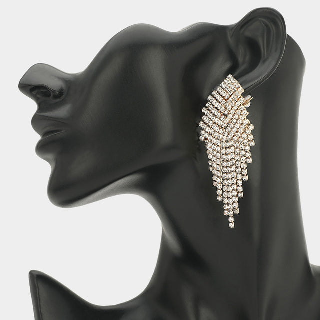 Madeline Love Gold Pave Crystal Rhinestone Fringe Clip On Evening Earrings