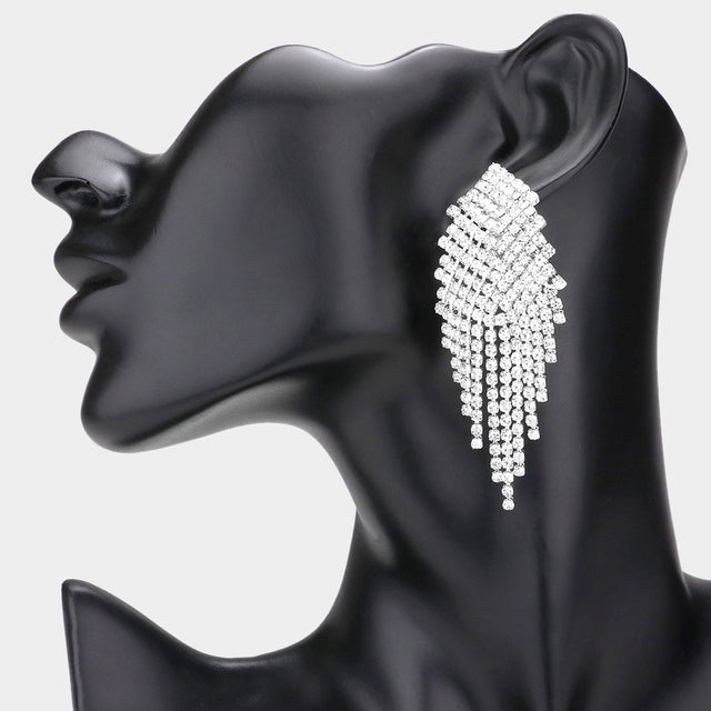 Silver Pave Crystal Rhinestone Fringe Clip on Evening Earrings