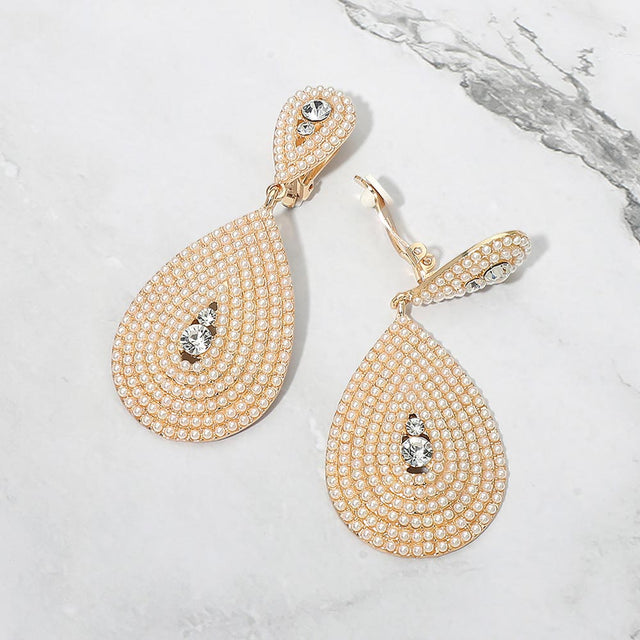 Madeline Love Cream, Gold Bubble Pearl Stone Teardrop Dangle Evening Clip on Earrings