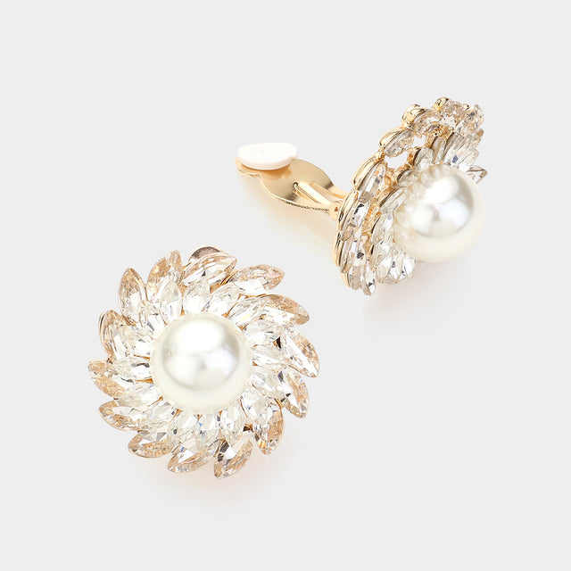 Madeline Love Cream, Gold Spiral Stone Paved Embellished Pearl Clip On Earrings