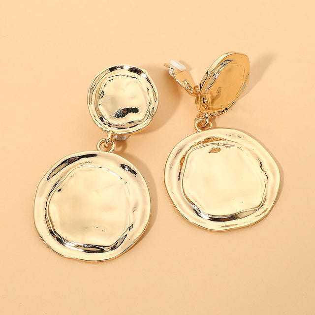 Madeline Love Gold Bold Sculpted Double Disc Drop Statement Clip On Earrings
