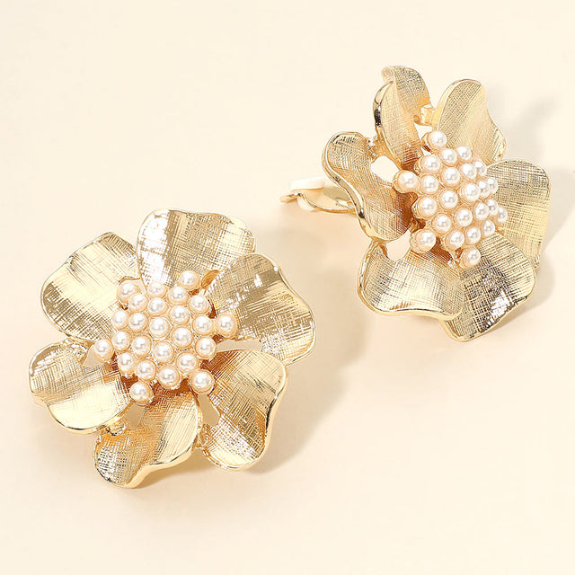 Madeline Love Gold Pearl Cluster Textured Metal Petal Floral Statement Clip On Earrings