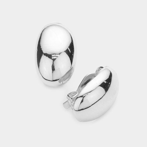 Women's Oval Dome Metal Clip on Earrings - Silver