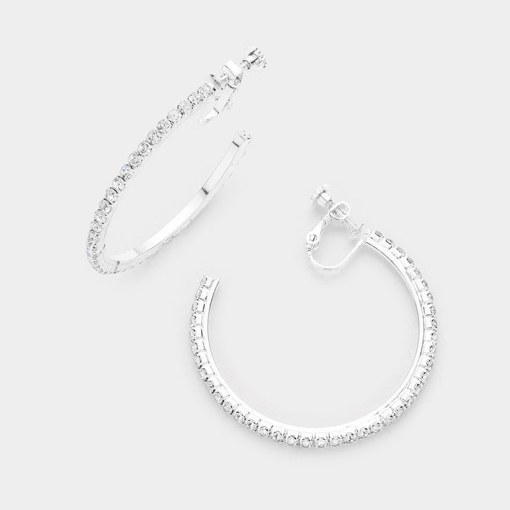 Silver 1.75 inch Rhinestone Hoop Clip on Earrings