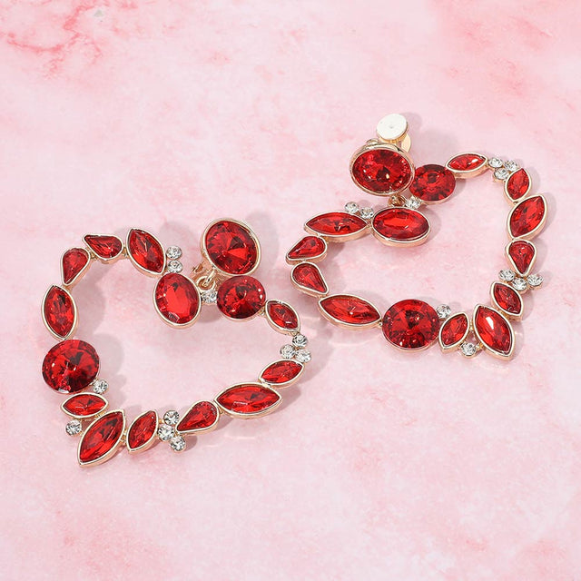 Madeline Love Gold, Red Oval Marquise Teardrop Stone Cluster Open Heart Drop Evening Statement Earrings