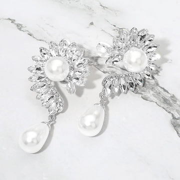 Madeline Love Rhodium, White Pearl Accent Marquise Stone Cluster Around Evening Clip On Earrings