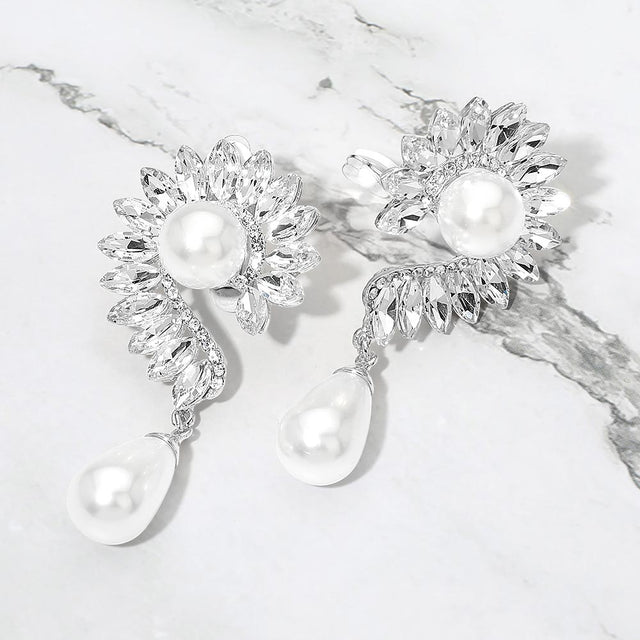Madeline Love Rhodium, White Pearl Accent Marquise Stone Cluster Around Evening Clip On Earrings