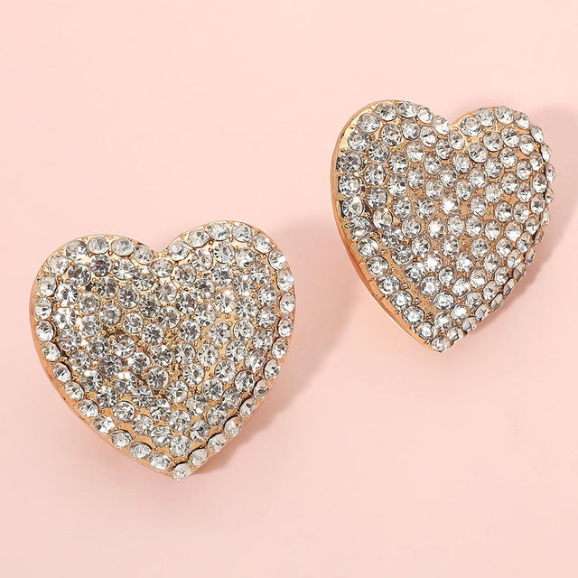 Madeline Love Clear, Gold Bold Rhinestone Paved Heart Clip On Earrings