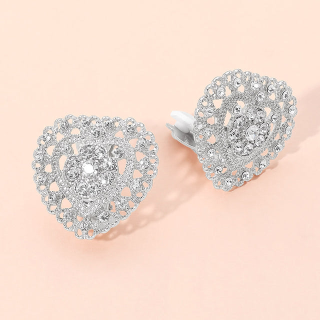 Madeline Love Clear, Rhodium Rhinestone Embellished Heart Clip On Earrings