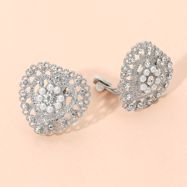 Madeline Love Rhodium, White Rhinestone Pearl Embellished Heart Clip On Earrings