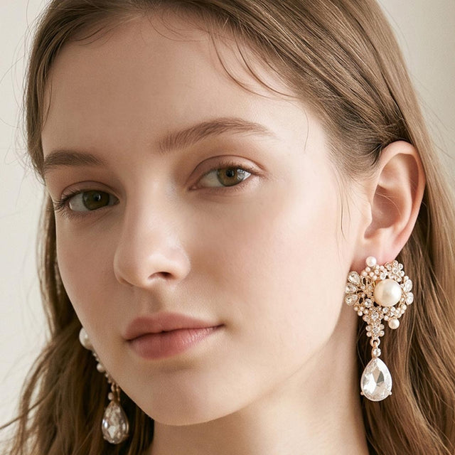 Madeline Love Cream, Gold Vintage Pearl Accent Floral Teadrop Stone Drop Clip On Evening Earrings