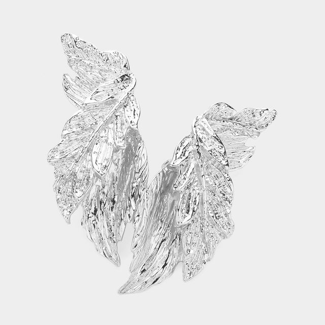 Silver Abstract Textured Metal Leaf Clip On Earrings