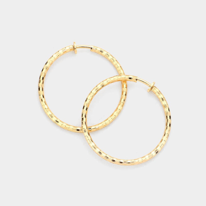 Gold 1.75 Inch Metal Hoop Clip On Earrings