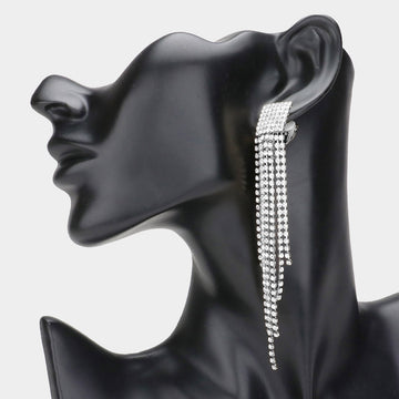 Madeline Love Silver Rhinestone Paved Fringe Clip On Evening Earrings