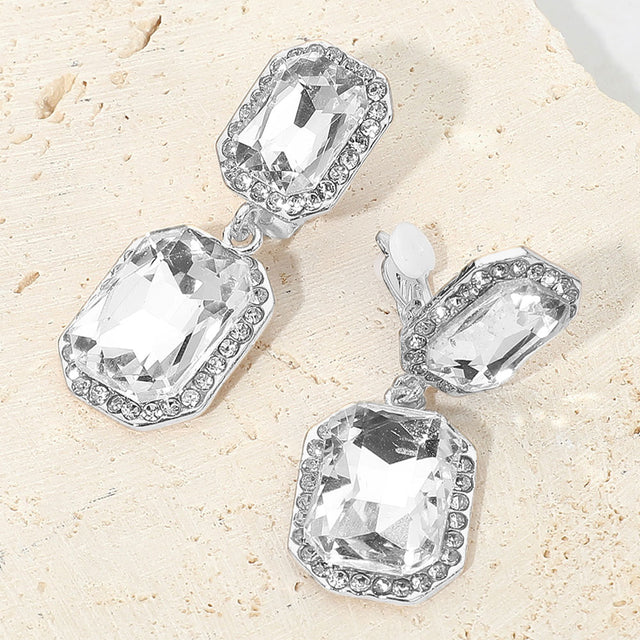 Madeline Love Clear, Silver Elegant Rectangle Crystal Drop Dangle Evening Clip On Earrings
